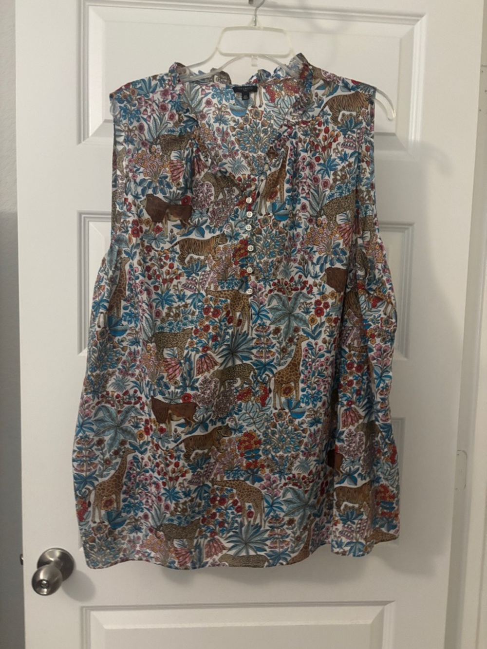 Talbots Floral & Safari Blouse Blue, Brown & Red SZ 2X Plus Size 100% Cotton